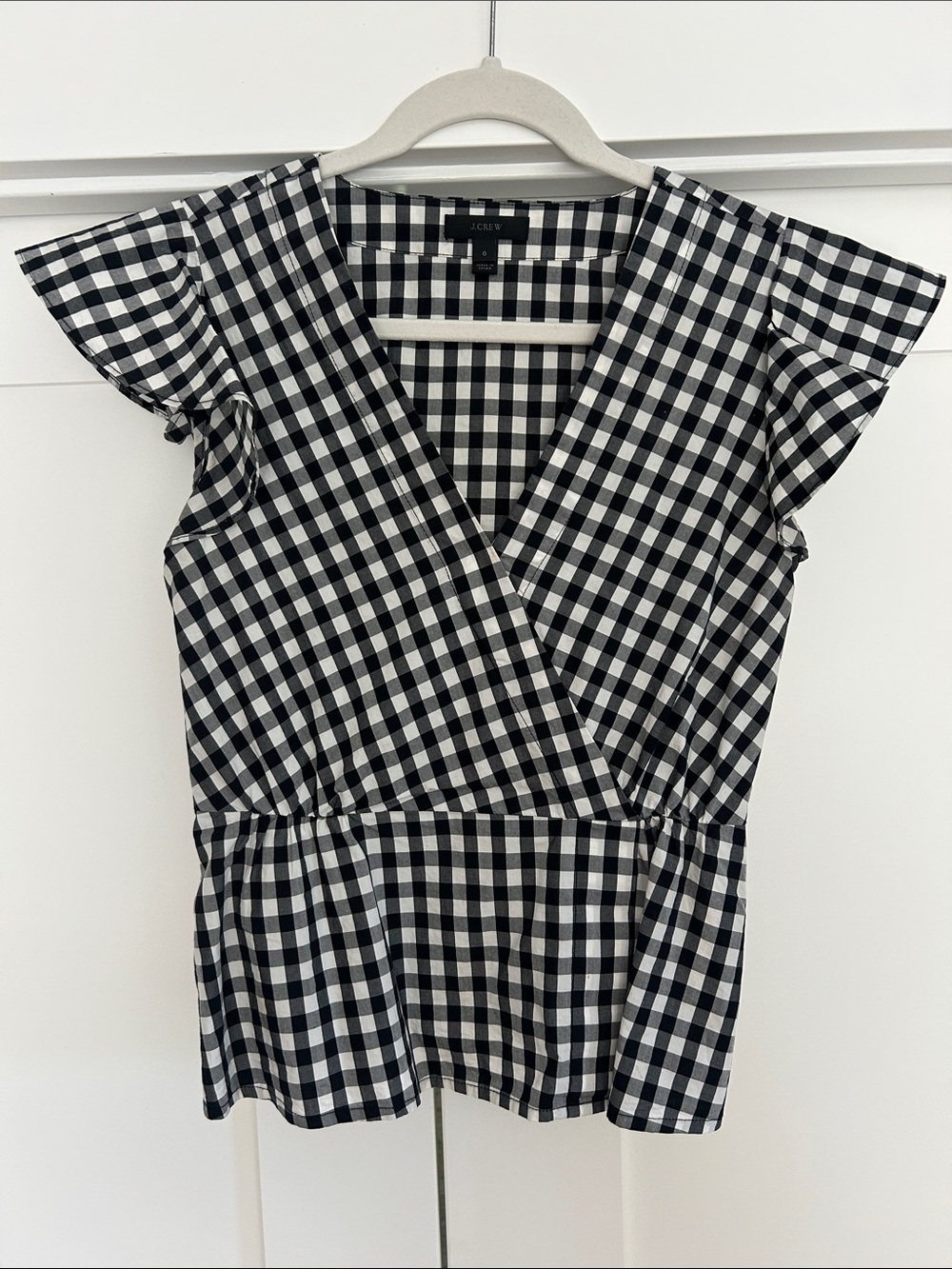 J crew Black and White Gingham Wrap Peplum Blouse